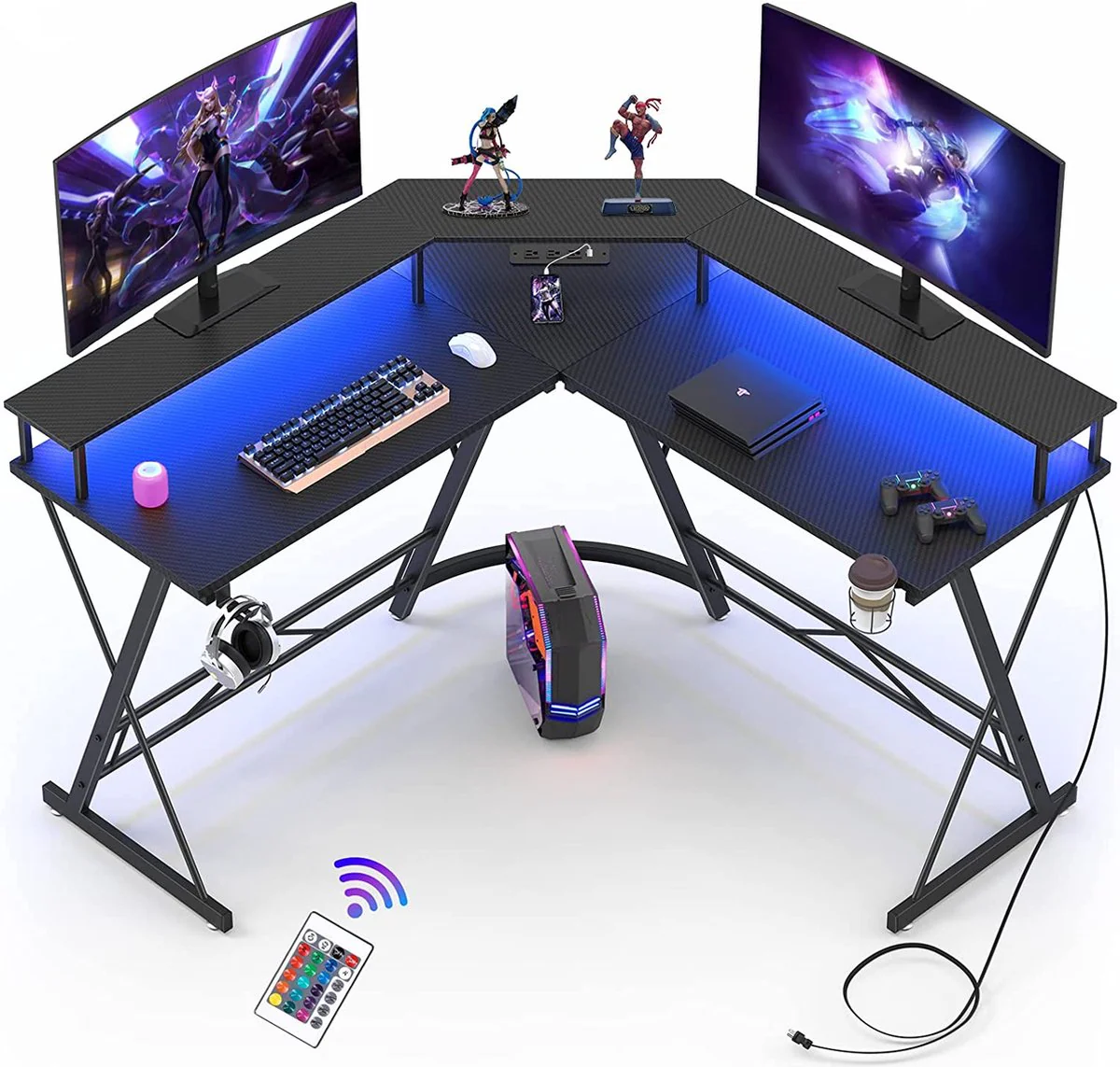 Xergonomic Game bureau met LED- Gaming desk - Game tafel – Hoekbureau - Computertafel - 2 EU stopcontacten & 2 USB-poorten ingebouwd – 127 x 127 x 74.4 cm – Zwart - Afbeelding 2