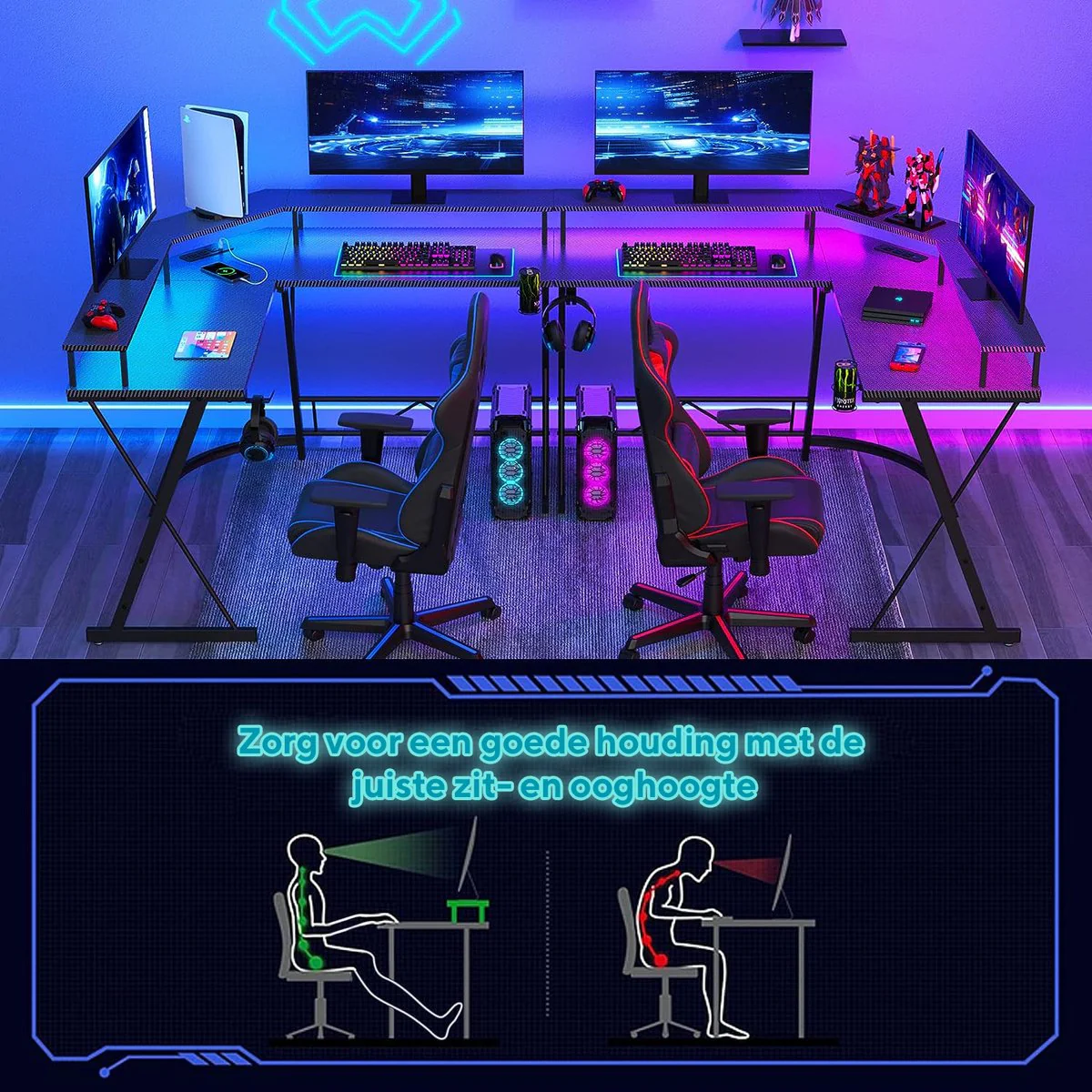Xergonomic Game bureau met LED- Gaming desk - Game tafel – Hoekbureau - Computertafel - 2 EU stopcontacten & 2 USB-poorten ingebouwd – 127 x 127 x 74.4 cm – Zwart - Afbeelding 6