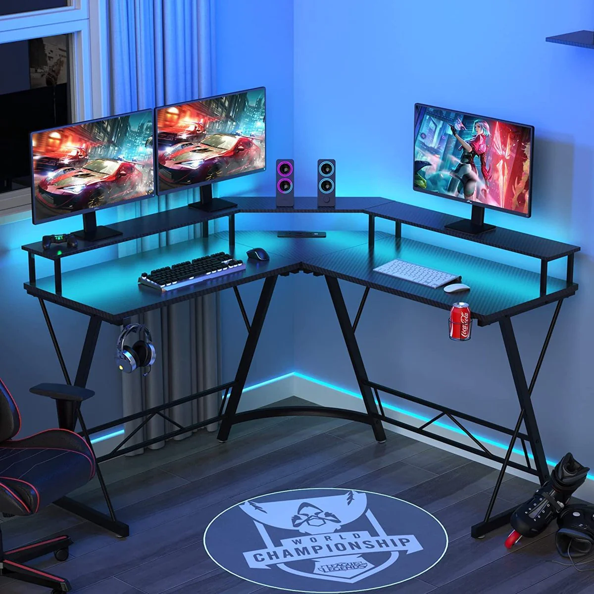 Xergonomic Game bureau met LED- Gaming desk - Game tafel – Hoekbureau - Computertafel - 2 EU stopcontacten & 2 USB-poorten ingebouwd – 127 x 127 x 74.4 cm – Zwart - Afbeelding 8