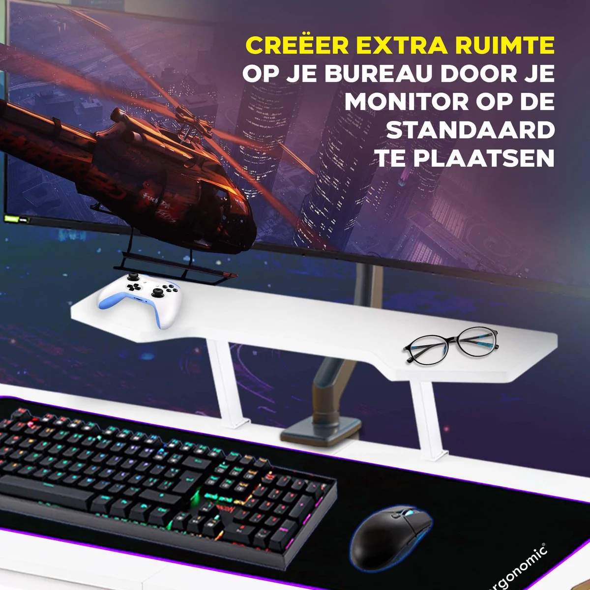 Xergonomic Morpheus SubzeroGame bureau - Gaming desk - Game tafel met koptelefoonhouder, bekerhouder & monitorstandaard - Carbon Fiber Coated Toplaag - D58xB160xH74,5-92 cm - Wit - Afbeelding 7
