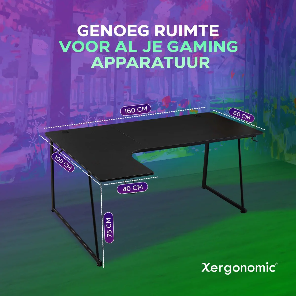 Xergonomic Neon Cyrex Game bureau - Gaming desk - Game tafel - Hoekbureau - D60-100xB40-160xH75 cm - Zwart - Afbeelding 4