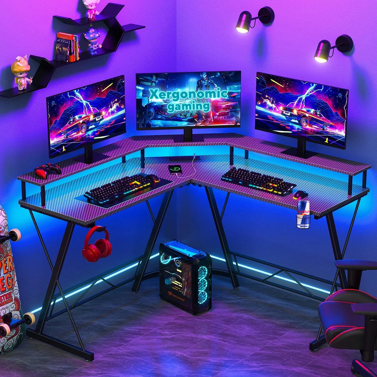 Xergonomic Game bureau met LED- Gaming desk - Game tafel – Hoekbureau - Computertafel - 2 EU stopcontacten & 2 USB-poorten ingebouwd – 127 x 127 x 74.4 cm – Zwart - Afbeelding 5