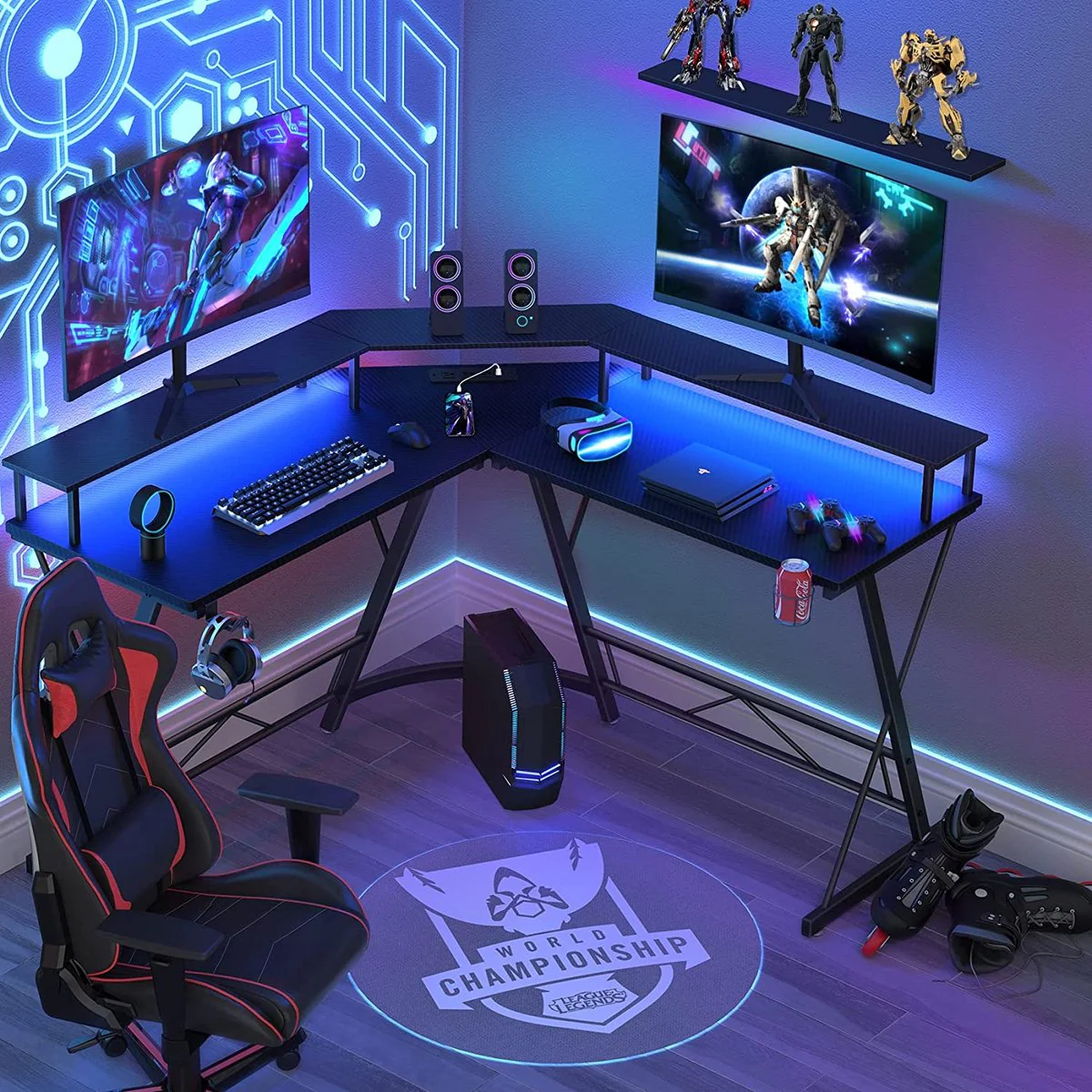 Xergonomic Game bureau met LED- Gaming desk - Game tafel – Hoekbureau - Computertafel - 2 EU stopcontacten & 2 USB-poorten ingebouwd – 127 x 127 x 74.4 cm – Zwart - Afbeelding 7