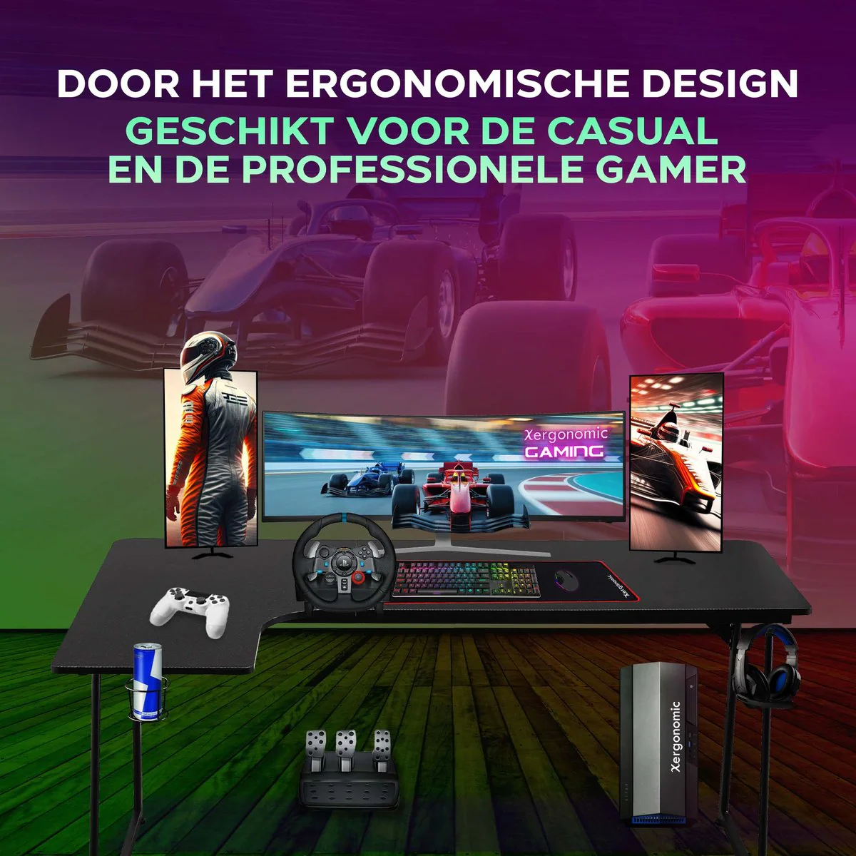 Xergonomic Neon Cyrex Game bureau - Gaming desk - Game tafel - Hoekbureau - D60-100xB40-160xH75 cm - Zwart - Afbeelding 6