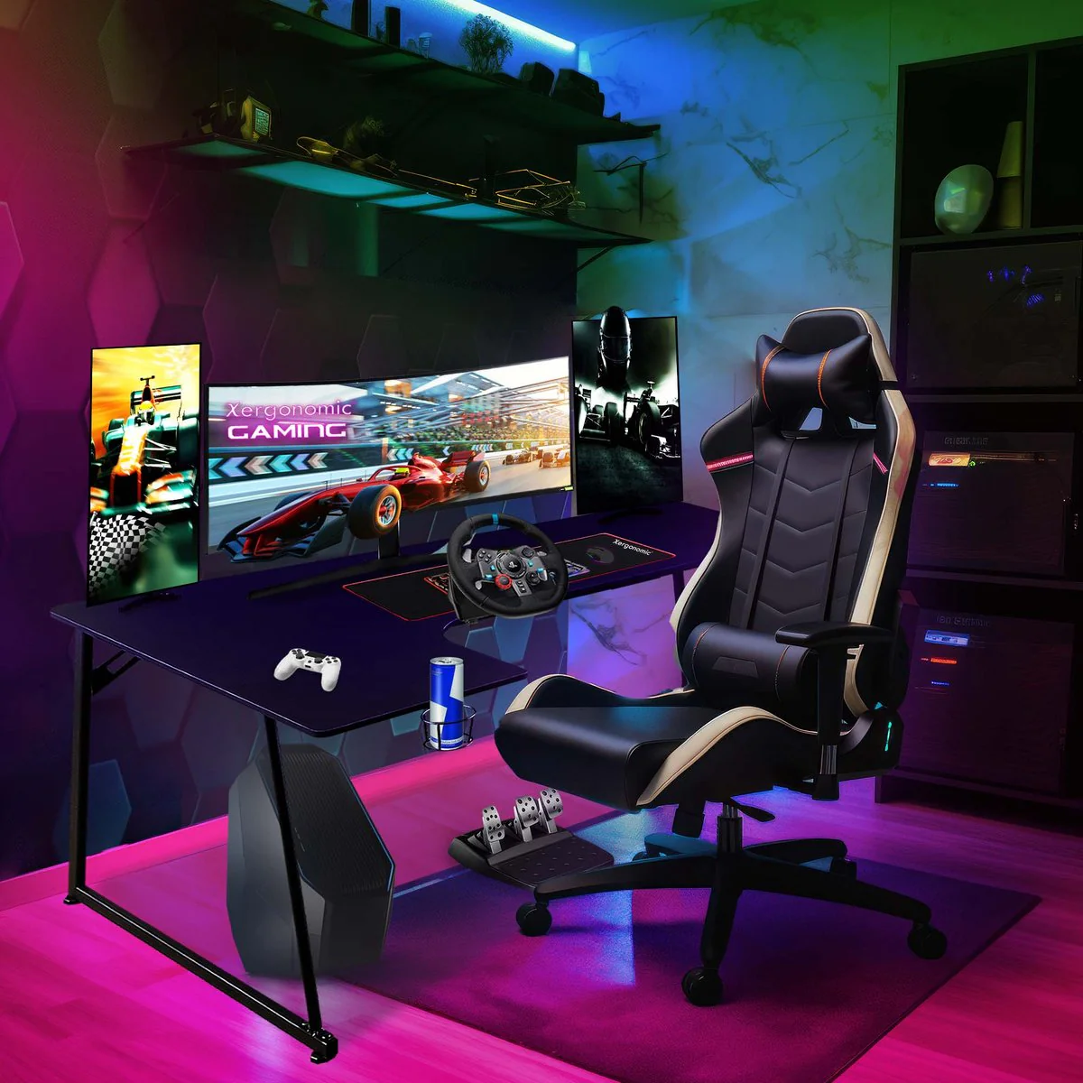 Xergonomic Neon Cyrex Game bureau - Gaming desk - Game tafel - Hoekbureau - D60-100xB40-160xH75 cm - Zwart - Afbeelding 3