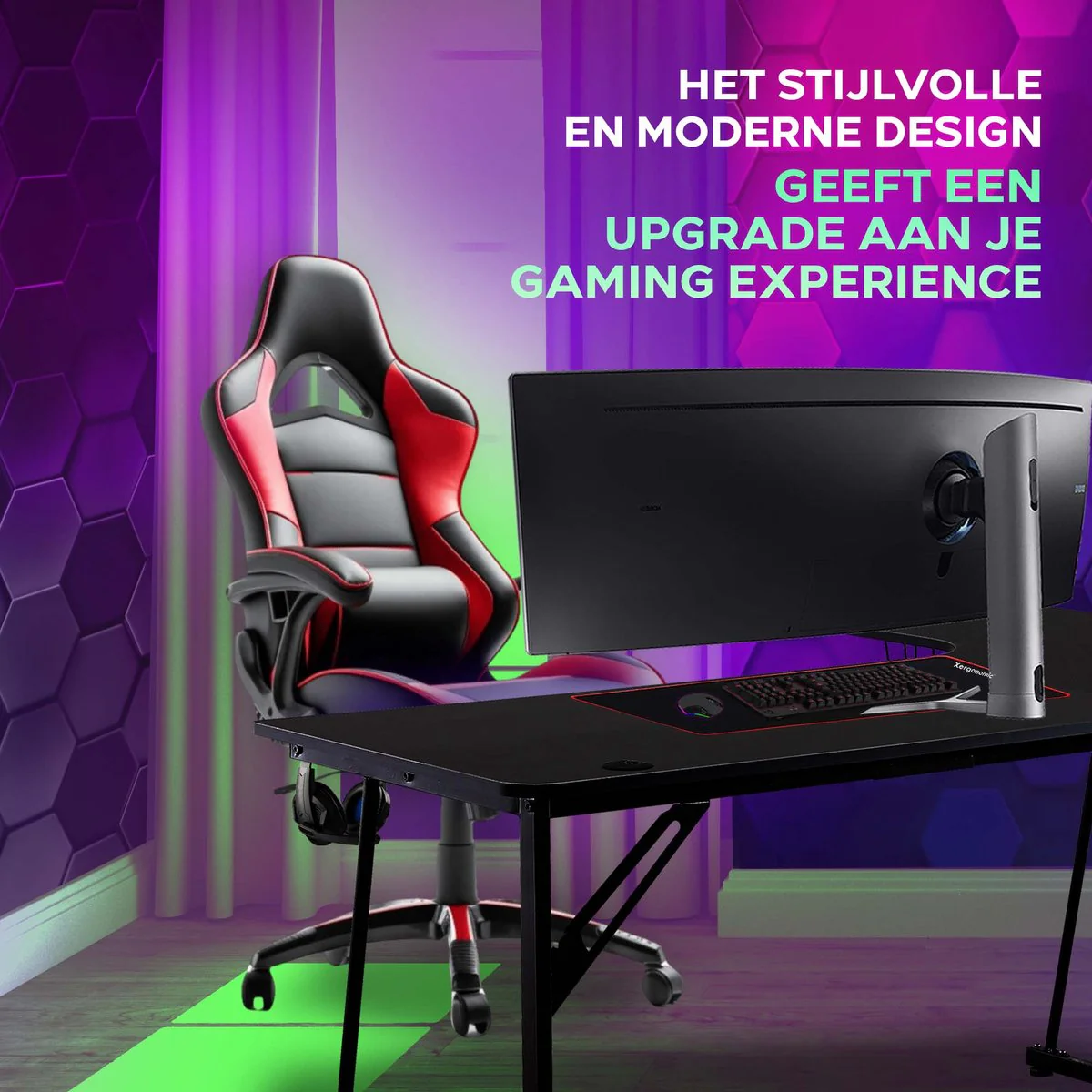 Xergonomic Neon Cyrex Game bureau - Gaming desk - Game tafel - Hoekbureau - D60-100xB40-160xH75 cm - Zwart - Afbeelding 8
