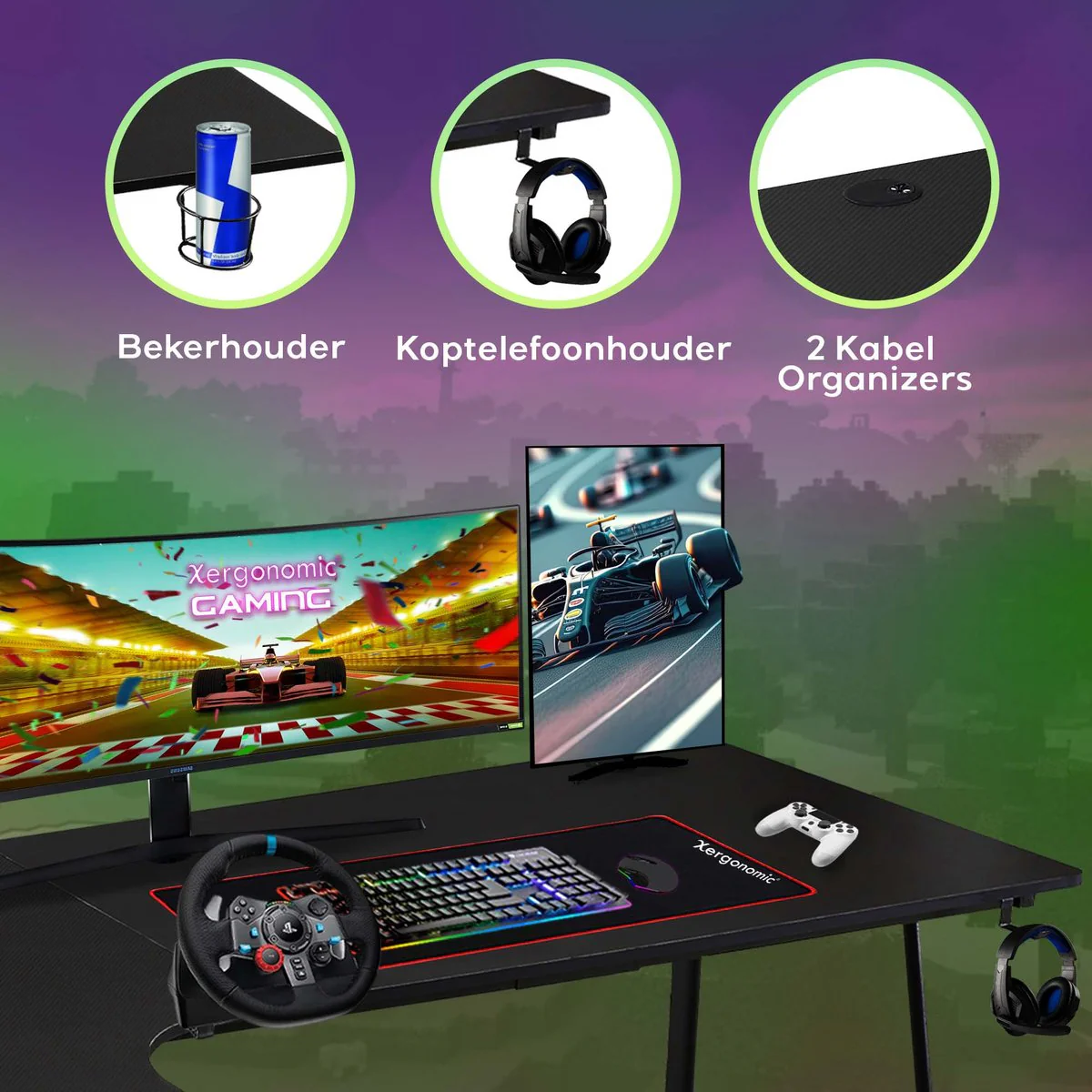 Xergonomic Neon Cyrex Game bureau - Gaming desk - Game tafel - Hoekbureau - D60-100xB40-160xH75 cm - Zwart - Afbeelding 5