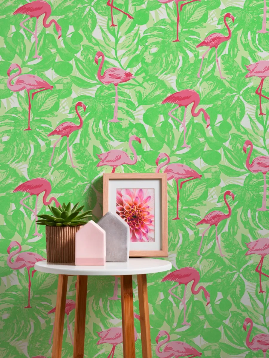 A.S. Création behang tropische bladeren met flamingo's groen en roze - 53 cm x 10.05 m - AS-359802 - Afbeelding 5